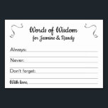 Woorden van Wijsheid Huwelijk Advies Kaarten geper<br><div class="desc">Deze lieveling gepersonaliseerde advies kaarten zal de perfecte aanvulling op uw bruiloft receptie of bruids / koppels douche. Dit ontwerp is voorzien van een combinatie van zwarte lettertypen en stalen grijze accenten. Op de kaart is er ruimte voor gasten om hun advies achter te laten met betrekking tot zaken als...</div>