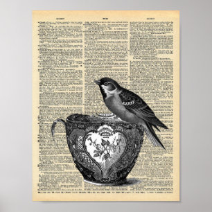  woordenboekpagina met vogel en teacup poster