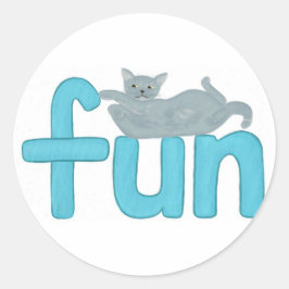 Woordenpret in Aqua met speelse grauwe poes, stick Ronde Sticker