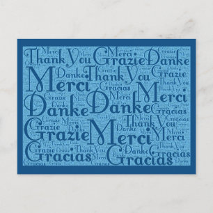 Woordkunst: Dank je in meerdere talen - Aqua blauw Briefkaart