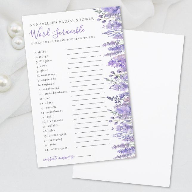 Woordpuzzel Lavendel Bloemige Bruidsuitnodiging (Word Scramble Lavender Floral Bridal Shower)