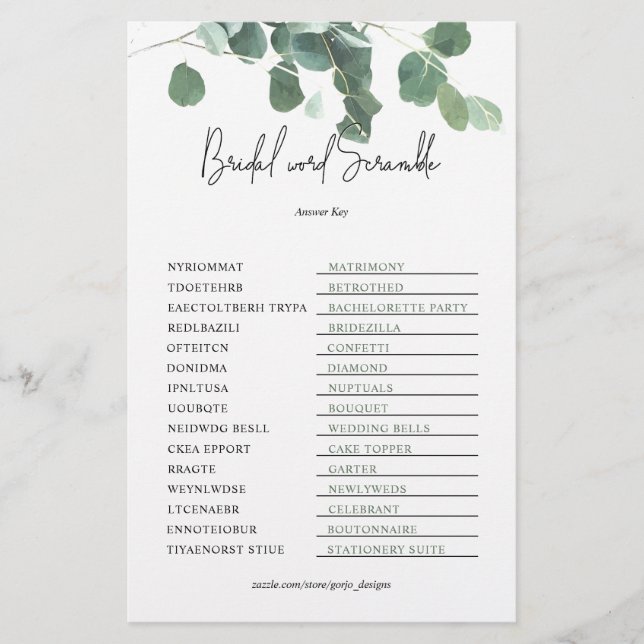 Woordzoek Sleutel Bruids Shower Spel Eucalyptus (Voorkant)
