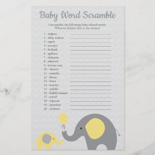 Woordzoekopdracht Babyfeestje Gele en Grijze Olifa Flyer