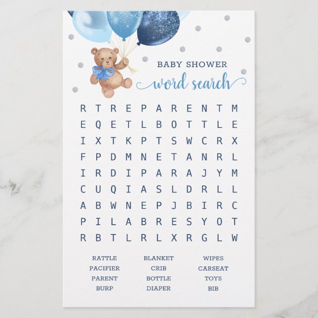 Woordzoekspel Baby Shower Teddybeer  (Voorkant)
