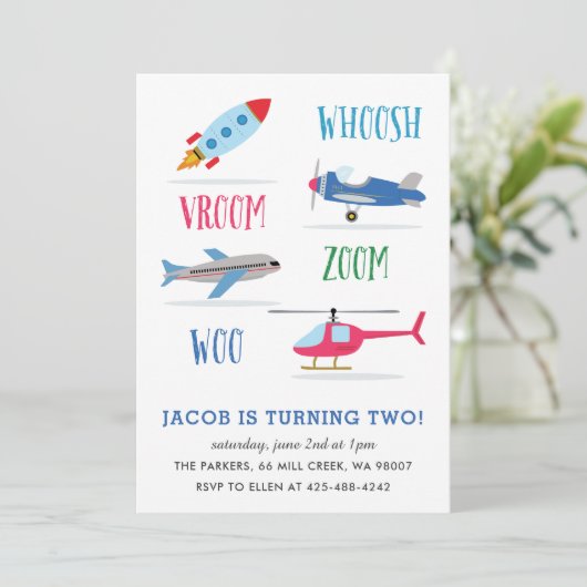 Woosh Vroom Woo Space Rocket Kind verjaardagsfeest Kaart (Staand voorkant)