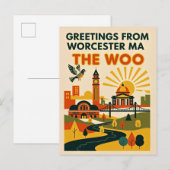 Worcester MA “The Woo” Retro Reis Briefkaart (Voorkant / Achterkant)