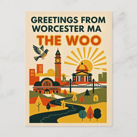 Worcester MA “The Woo” Retro Reis Briefkaart (Voorkant)