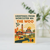 Worcester MA “The Woo” Retro Reis Briefkaart (Staand voorkant)