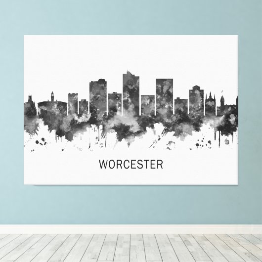 Worcester Massachusetts Skyline BW Canvas Afdruk (Insitu (Houten vloer))