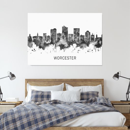 Worcester Massachusetts Skyline BW Canvas Afdruk (Insitu (Slaapkamer))