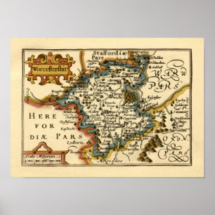 Worcestershire County England Oude antiquarische k Poster