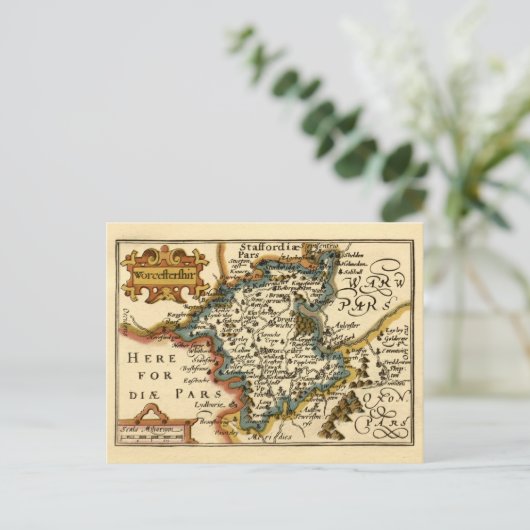Worcestershire County Map, Engeland Briefkaart (Staand voorkant)