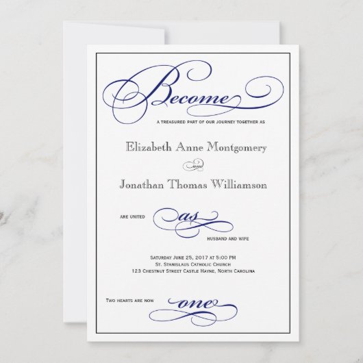 Word als één blauwe script bruiloft uitnodiging (Voorkant)