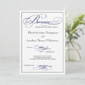 Word als één blauwe script bruiloft uitnodiging (Staand voorkant)