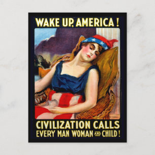 Word Amerika wakker, patriottische vrouw slaapt, v Briefkaart