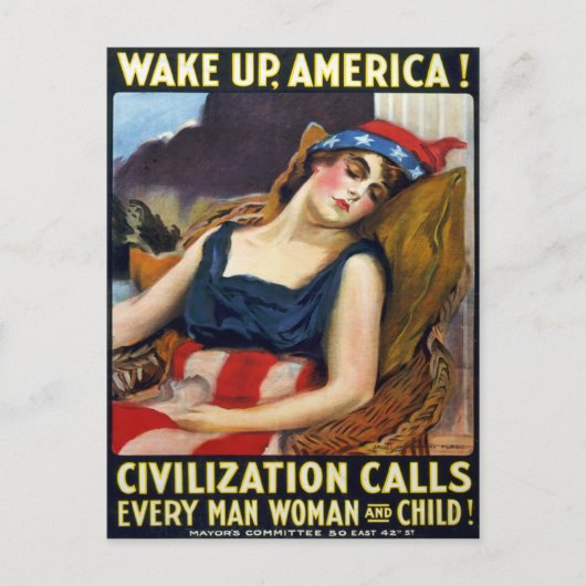 Word Amerika wakker!  Poster van de Eerste Wereldo Briefkaart (Voorkant)