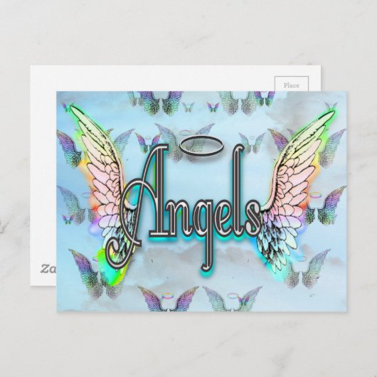 Word Art Angel met vleugels en halo Briefkaart (Voorkant / Achterkant)