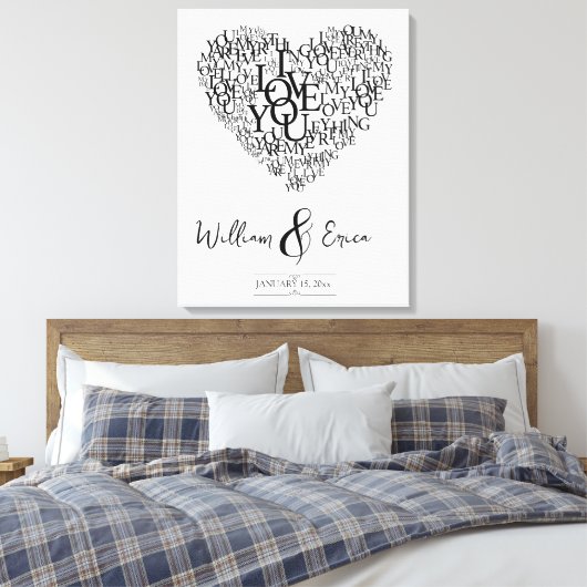 Word Art Bruiloft Hart 1e Verjaardag Canvas Afdruk (Insitu (Slaapkamer))