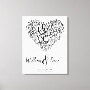 Word Art Bruiloft Hart 1e Verjaardag Canvas Afdruk