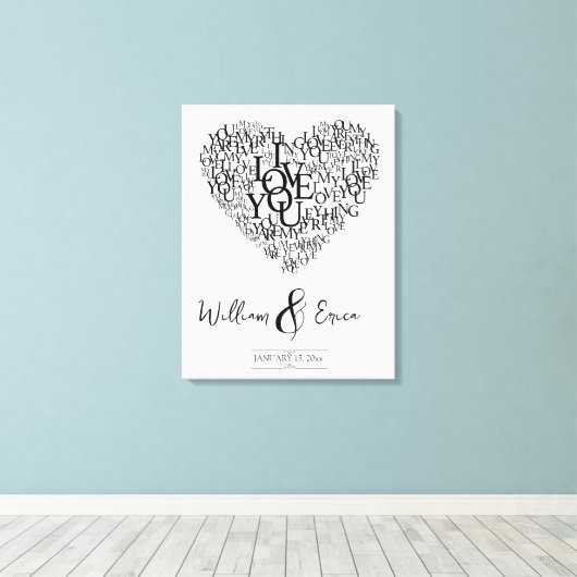Word Art Bruiloft Hart 1e Verjaardag Canvas Afdruk (Insitu (Houten vloer))
