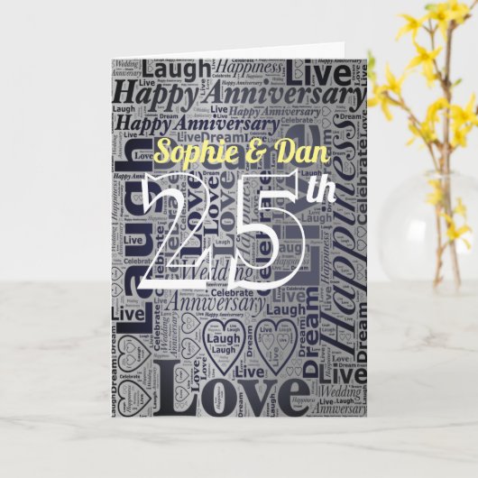 Word Art gepersonaliseerd 25th Wedding-Jubileum Kaart (Gele Bloem)