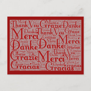 Word Art: Hartelijk dank in meerdere talen - rood  Briefkaart