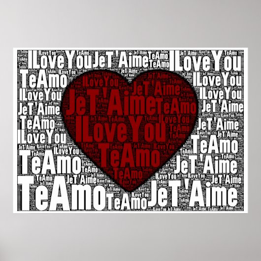 Word Art: "Ik hou van je" 3 talen - Rood hart Poster (Voorkant)