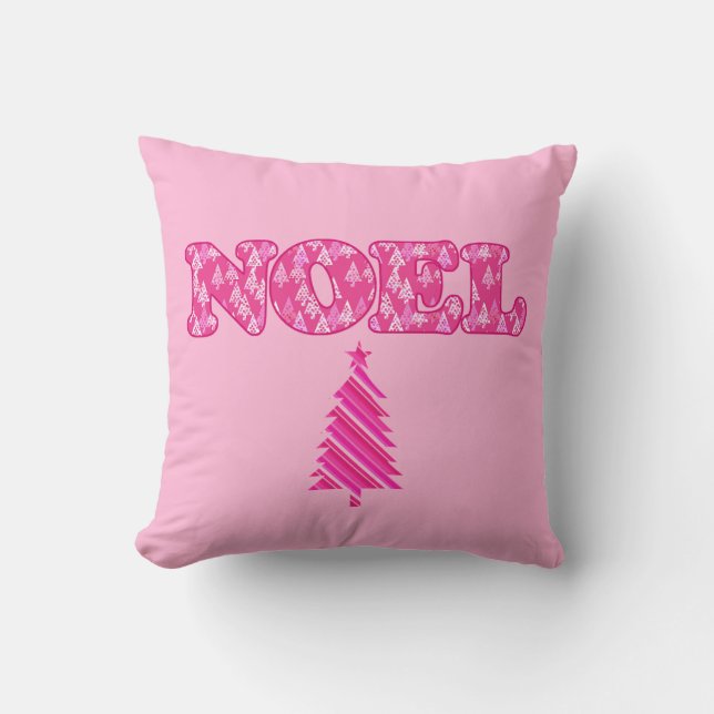 Word Art - Noel gepatterd in Fuchsia Pink-bomen Kussen (Voorkant)