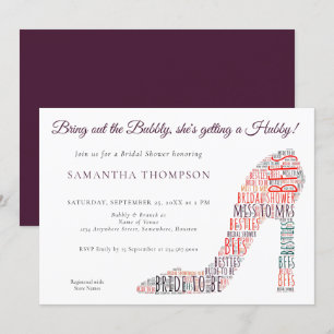 Word Art Stiletto Bubbly Paarse Vrijgezellenfeest Kaart