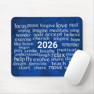 Word Cloud 2026 op blauw leer Muismat