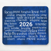 Word Cloud 2026 op blauw leer Muismat (Voorkant)