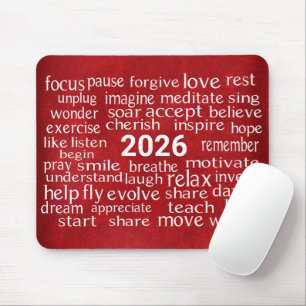 Word Cloud 2026 op rood leer Muismat