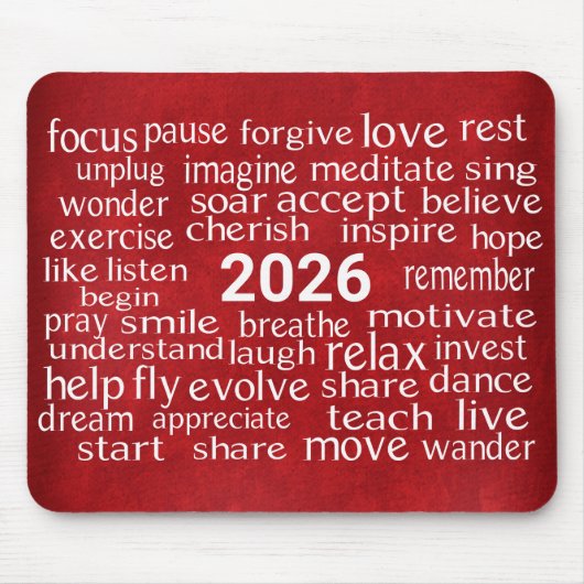 Word Cloud 2026 op rood leer Muismat (Voorkant)