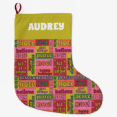 Word Collage jaren '70 Stijl Gepersonaliseerd Grote Kerstsok (Voorkant)