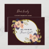 Word Je Mijn Bloemenmeisje Burgundy Bloemrijke Her Uitnodiging Briefkaart (Voorkant / Achterkant)