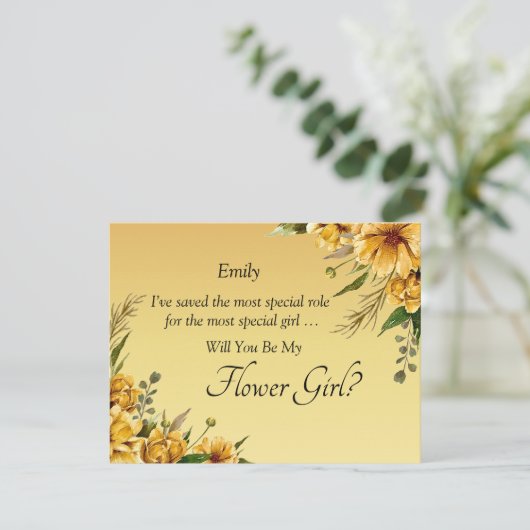 Word jij mijn Bloemenmeisje? Gouden gele bloemen (Staand voorkant)