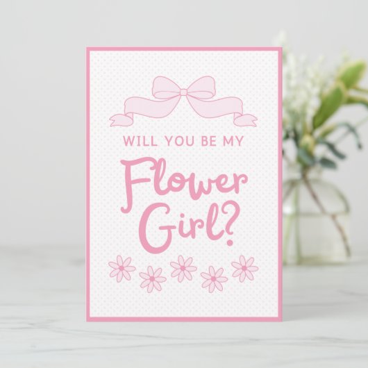 Word jij mijn Bloemenmeisje? Roze Bow en Polka Dot Kaart (Staand voorkant)