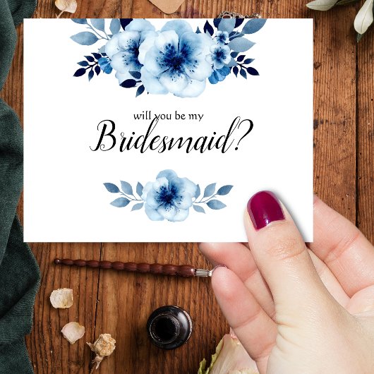 Word jij mijn bruidsmeisje Blue Floral Waterverf? Kaart