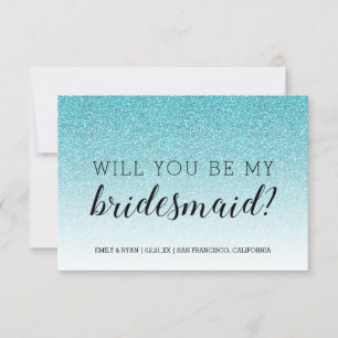 Word jij mijn bruidsmeisje Blue Glitter Ombre Kaart