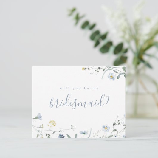 Word jij mijn bruidsmeisje Blue Wildflower Boho Kaart (Staand voorkant)