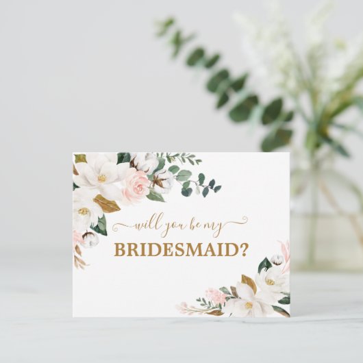 Word jij mijn bruidsmeisje Blush Pink Floral Gold Briefkaart (Staand voorkant)