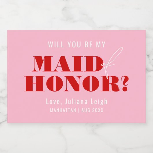 Word jij mijn bruidsmeisje, Bold Pink & Red Sparkling Wijnetiket (Enkel label)