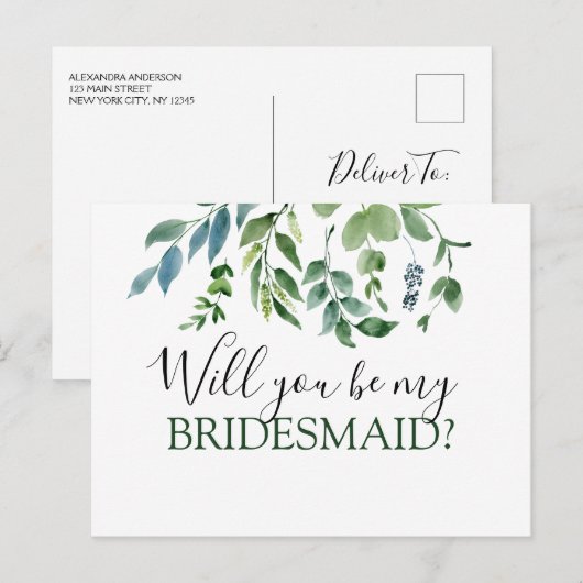 Word jij mijn bruidsmeisje botanische groen? aankondigingskaart (Voorkant / Achterkant)