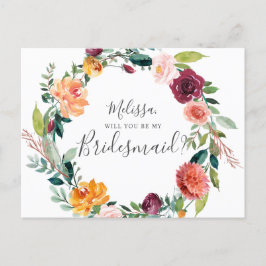 Word jij mijn bruidsmeisje Bourgondische bloemen? Uitnodiging Briefkaart