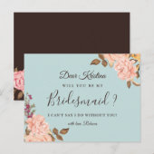 Word jij mijn bruidsmeisje Dusty Blue Blush Floral Uitnodiging Briefkaart (Voorkant / Achterkant)