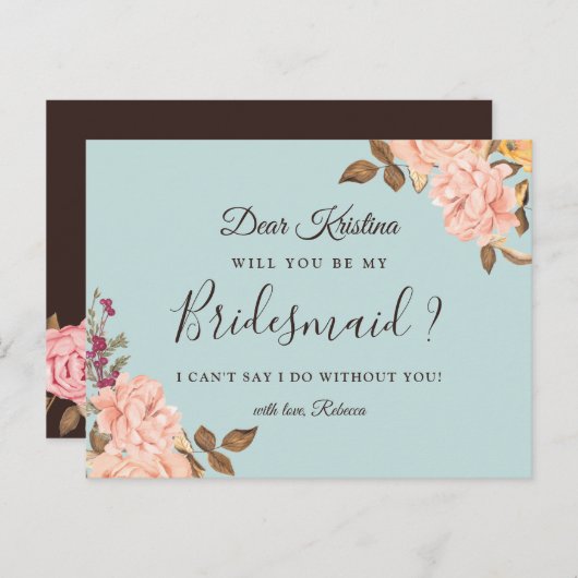 Word jij mijn bruidsmeisje Dusty Blue Blush Floral Uitnodiging Briefkaart (Voorkant / Achterkant)