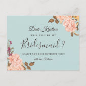 Word jij mijn bruidsmeisje Dusty Blue Blush Floral Uitnodiging Briefkaart (Voorkant)