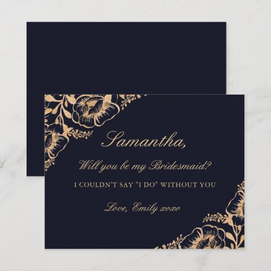 Word jij mijn bruidsmeisje Gold Navy Floral? Kaart (Voorkant / Achterkant)