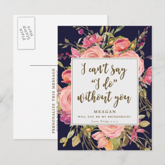 Word jij mijn bruidsmeisje kaart boho bloemenmarin (Voorkant / Achterkant)