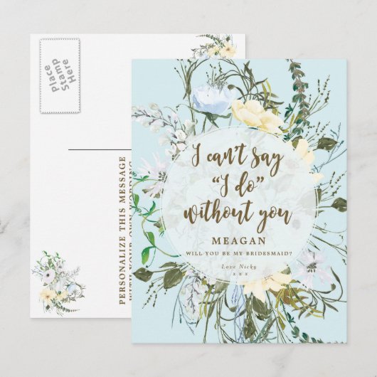 Word jij mijn bruidsmeisje kaart bord blauw bloeme (Voorkant / Achterkant)